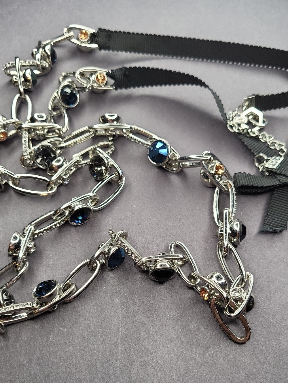 Silver-Tone Chain Necklace with Blue and Black Crystal Accents
